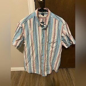 Pink, sky blue, gray and white short sleeve collar shirt